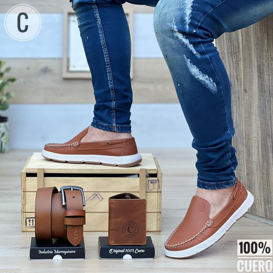 Combo Trio: Mocasin + Correa + Billetera en Cuero Enserado Caballero