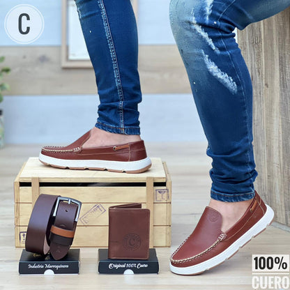 Combo Trio: Mocasin + Correa + Billetera en Cuero Enserado Caballero