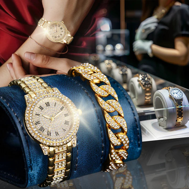 Set de Reloj Diamantado y Pulsera con Cristales